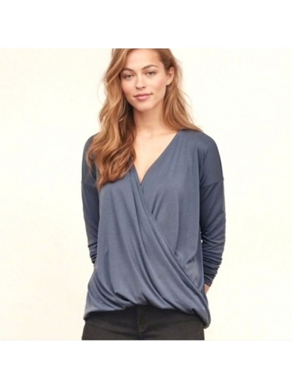 Abercrombie Fitch Soft Blue Draped Open Front Long Sleeve Wrap Top
